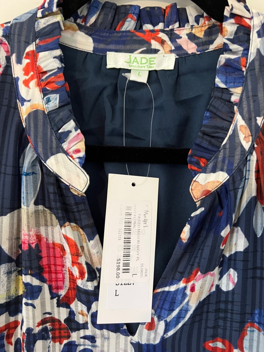 Jade Navy Floral Long Sleeve Tiered Midi Dress with Pink & Red Accents - Picture 2 of 6